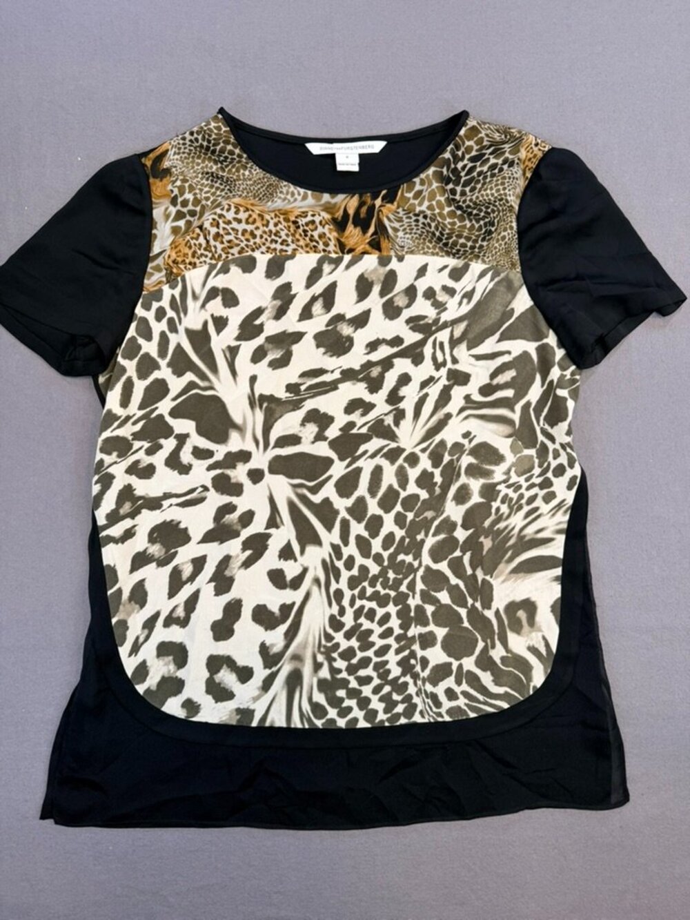 Diane Von Furstenberg DVF 100% SILK Blouse Size 6 Animal Print/Cheetah Print